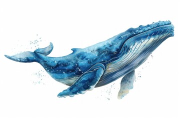 Blue whale,  Pastel-colored, in hand-drawn style, watercolor, isolated on white background