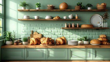  Green kitchen wall + Shelves filled with bread + Wooden counter + Window