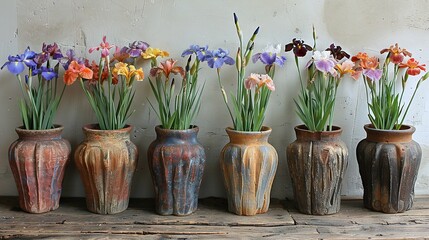   Group of vases with flowers on wooden table in front of white wall