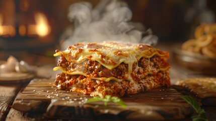 Fototapeta premium A detailed 3D render of a perfect slice of lasagna, with steam rising from the rich layers of pasta, meat sauce, and melted cheese, set on a rustic wooden table with soft lighting to evoke a sense of 