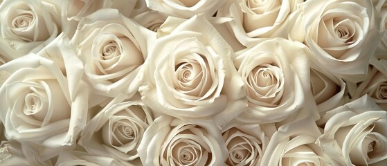 Ivory roses clustered in a dense arrangement, their pristine petals forming a harmonious and timeless floral composition