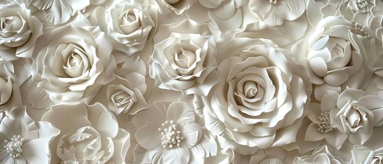 Pure white roses in full bloom, each petal meticulously layered to create an intricate and timeless floral composition