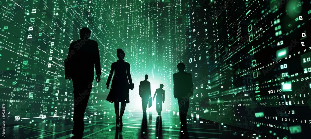 Wall mural a group of business people in silhouette with digital code and data on the background, representing 