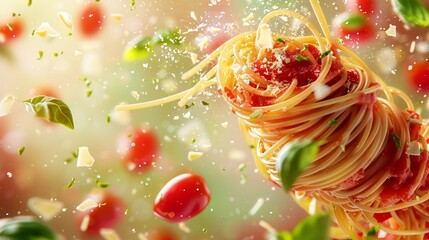 A stunning 3D illustration of spaghetti strands elegantly suspended in mid-air, with a cascade of tomato sauce, basil leaves, and Parmesan flakes, creating a symphony of ingredients against a vibrant 