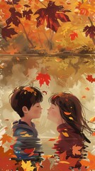 Fototapeta premium A tender scene on the cover where the boy gently tucks a colorful autumn leaf behind the girls ear, their expressions filled with affection, set against a backdrop of a tranquil fall river scene.