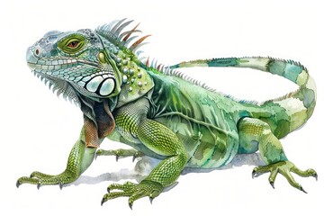Green iguana,  Pastel-colored, in hand-drawn style, watercolor, isolated on white background