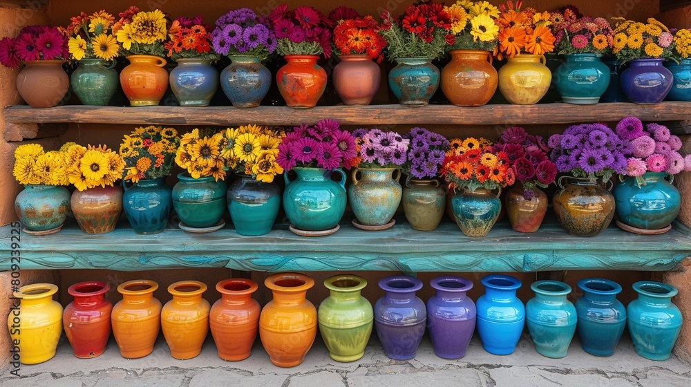 Poster a vibrant array of colorful vases adorns the wall and shelf
