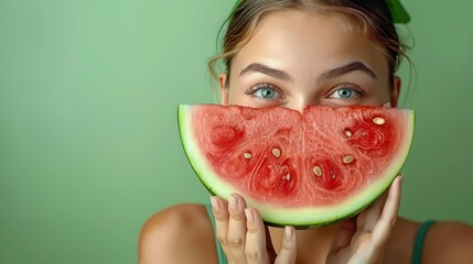 Close-up portrait of a young woman hiding half face with a slice of watermelon. Summer freshness and health concept.