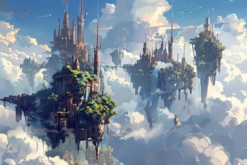 A castle in the sky surrounded by clouds, creating a fantastical scene of architectural wonder, A fantasy city skyline, with magical towers and floating islands suspended in the sky