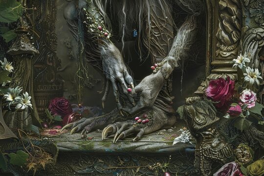 Interlocked Hands Creating Connection, A fantasy-inspired scene of a mystical creature receiving a magical pedicure on its clawed feet
