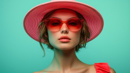 Stylish woman in pink hat and sunglasses posing on a vivid green background. Fashion and summer concept.
