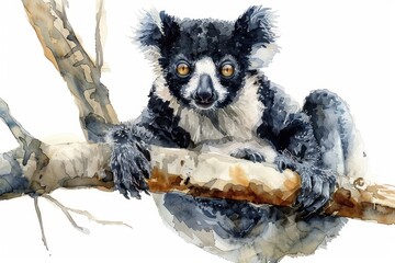 Indri,  Pastel-colored, in hand-drawn style, watercolor, isolated on white background