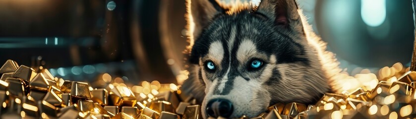 An opulent visual of a Siberian husky with piercing blue eyes, guarding a vault filled with glittering gold bars, highlighting the husky's loyal and protective nature.