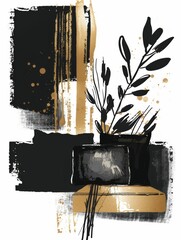 A painting featuring a combination of black and gold colors with a plant as the main subject