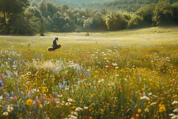 A man riding a horse through a vibrant green field in a traditional farming scene, A farmer gathering hay in a sprawling meadow dotted with wildflowers