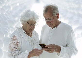 Elderly Couple in White Clothes Using Smartphone Together Outdoors
