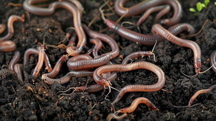 Obraz premium Group of earthworms in the soil and compost, as a background. Gardening concept. 