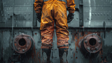 heavy industry worker wearing yellow workwear standing in front of the huge machine - Powered by Adobe