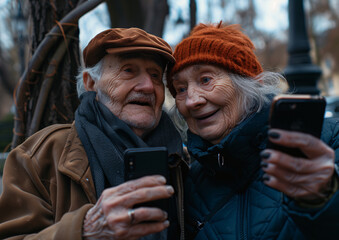 Elderly Couple Sharing a Joyful Moment with Smartphones in Park