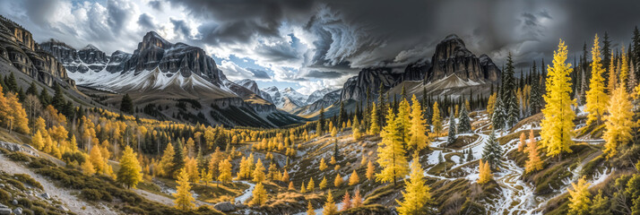 Panoramic View of Autumn Mountain Landscape: Wide panoramic view of a stunning mountain landscape with golden larch trees and snow-dusted peaks under a dramatic sky. Nature concept