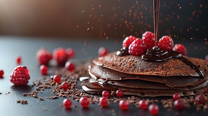   A tower of chocolate pancakes crowned with raspberries atop a black surface, adjacent to a mound...