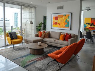 A living room with a yellow chair, a couch, and a coffee table. The couch is covered in orange pillows and the chair is also orange. There is a painting on the wall and a potted plant in the room