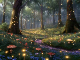 A forest with glowing mushrooms and trees. The glowing mushrooms add a magical and whimsical touch to the scene