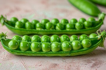 Fresh green peas in a pod with water drops. Macro photography on textured surface. Healthy eating and vegetarian food concept. Close-up image for design and print.