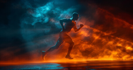 A man runs through a sky engulfed in flames, showcasing determination and urgency in the face of danger.