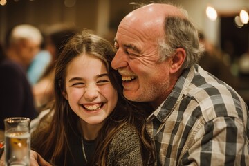 A man and a little girl share a happy moment, smiling at each other, A father and daughter laughing together at a family gathering