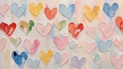 A colorful array of painted hearts in an abstract art piece