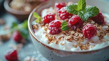   A close-up shot of a bowl full of yogurt topped with ripe raspberries and crunchy granola