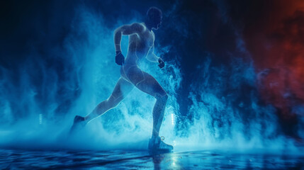 A man in motion, running through a foggy blue environment.