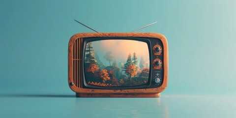 Retro wooden television displaying a colorful forest scene. Vintage and nostalgia concept. Studio photography for design and poster.