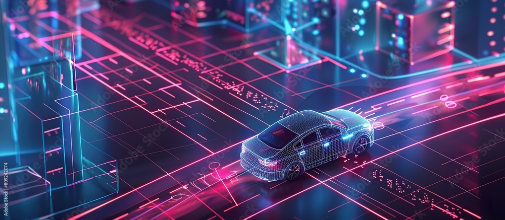 Poster smart car in autonomous mode on city roads, featuring a hud technology with graphic sensor radar sig