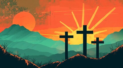 Mountain Crucifixes - Sunset Sky Background - Vector Religious Design