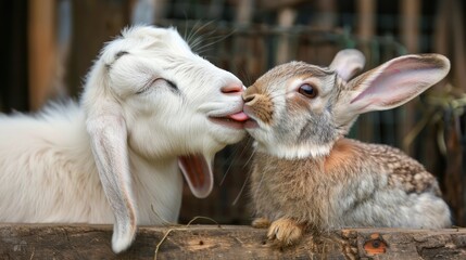Obraz premium a white goat and rabbit affectionately licking each other's faces while perched on a rustic wooden table.