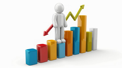 Growth Concept. 3D Figure, on a bar chart with an ascending arrow