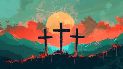 Mountain Crucifixes - Sunset Sky Background - Vector Religious Design