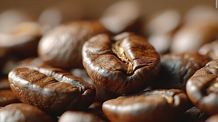   A mound of coffee beans stacked atop another mound resting on a wooden surface