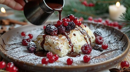   A person pours chocolate sauce on a dessert plate, adorned with cranberries and raspberries