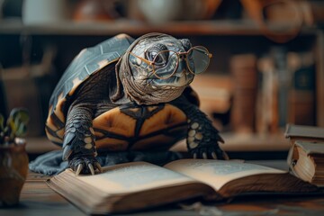 Tortoise wearing eyeglasses and reading an open book. Education and animal intelligence concept. Studio photography for design and educational material.