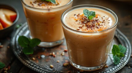   A tray with two glasses of drinks, a bowl of fruit, and a bowl of nuts