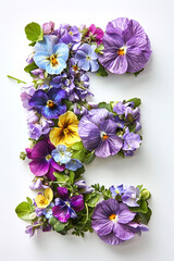Flower font alphabet E made of colorful floral letter on white background