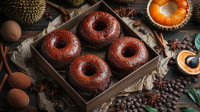   A pair of doughnuts resting in a box atop a table beside a mug of java