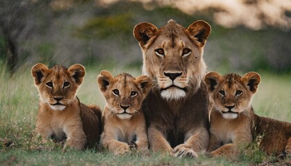 lioness staying together with her playful cubs in mashatu game reserve in the tuli block in botswana