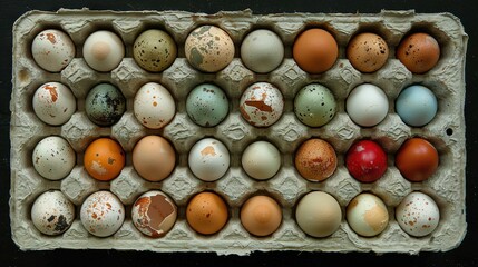   A dozen eggs in a carton with brown spots on one egg and one with brown spots on the other