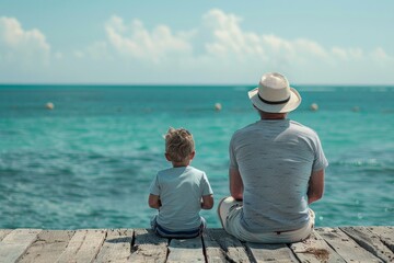 Father and son sitting on dock, looking out at ocean, A father and son sitting on a pier, looking out at the ocean