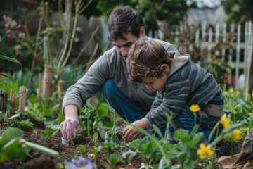 A man and a young boy are gardening in a lush garden, A father and son working together in the garden, planting flowers