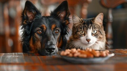 A Border Collie and a Tabby cat together enjoying a BARF diet meal of mixed meats, focusing on their cooperative feeding